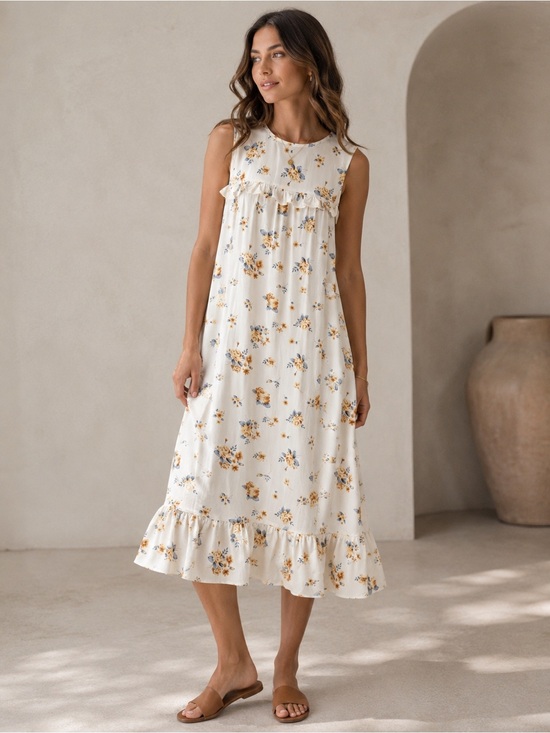 Medyla Dresses & Skirts - Medyla Floral Ruffle Midi Dress Cream Blue Cottagecore Romantic Medium